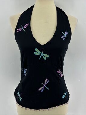Bamboo Traders Embroidered Dragonfly Beaded Halter Top